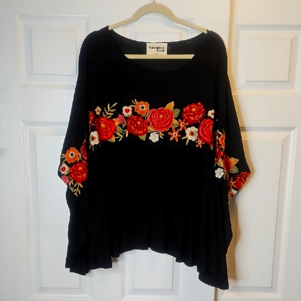 Savanna Jane Black Blouse with Red & Orange Floral Embroidery
